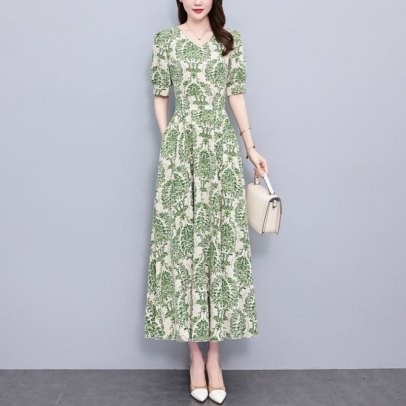 A-vonalú ruha V-nyakú, puffos ujakkal, magas derékkal, midi hosszúságú