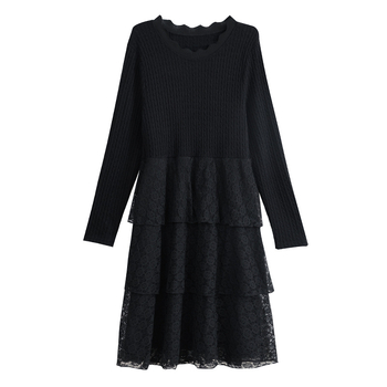 Kötött ruha panelezés részletekkel, A-vonalú, midi hossz, kerek nyakú, hosszú ujjú