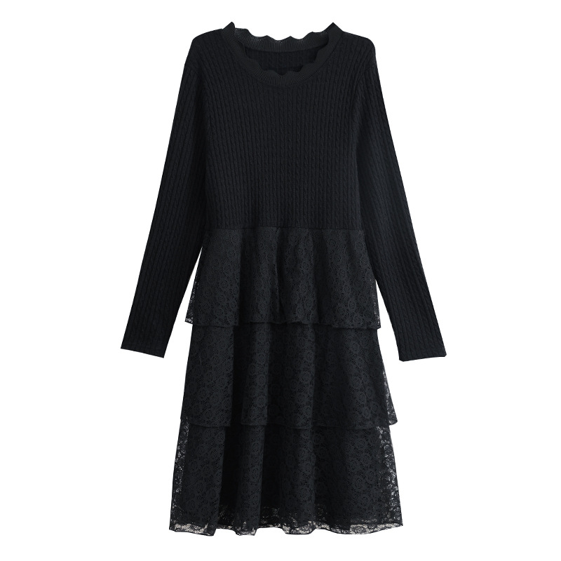 Kötött ruha panelezés részletekkel, A-vonalú, midi hossz, kerek nyakú, hosszú ujjú