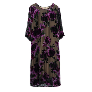 Haljina od konoplje s izgledom svilenog baršuna, jesenja kolekcija, glavni materijal: ljubičasta mink >95%, 3D zvjezdasti ukras, srednja duljina, gradski street style