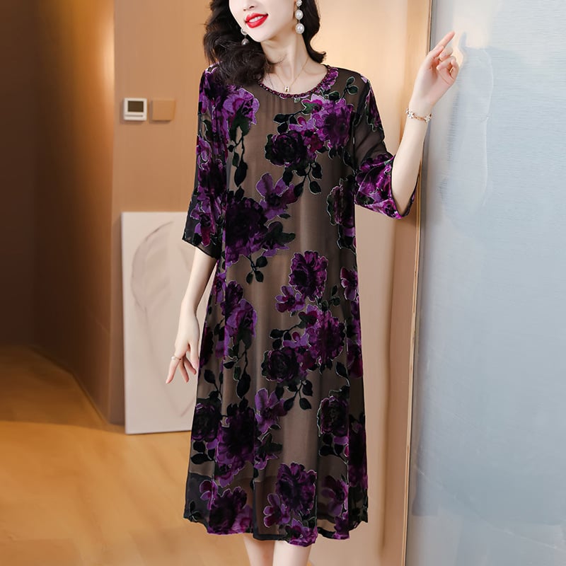 Haljina od konoplje s izgledom svilenog baršuna, jesenja kolekcija, glavni materijal: ljubičasta mink >95%, 3D zvjezdasti ukras, srednja duljina, gradski street style