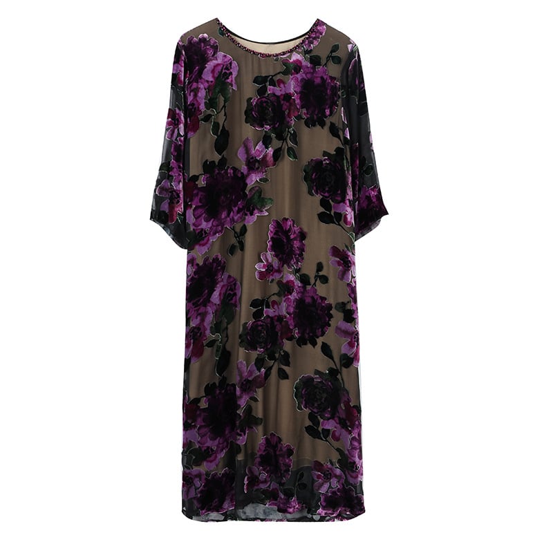 Haljina od konoplje s izgledom svilenog baršuna, jesenja kolekcija, glavni materijal: ljubičasta mink >95%, 3D zvjezdasti ukras, srednja duljina, gradski street style