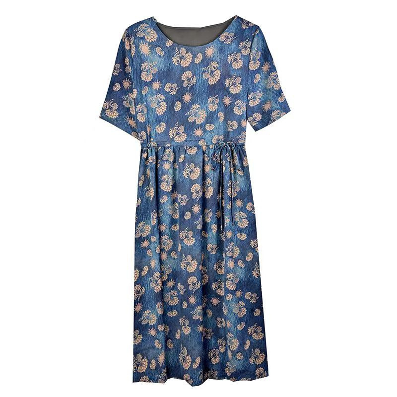 A-vonalú ruha, több színű minta, PVC anyag, kerek nyakú, rövid ujjú