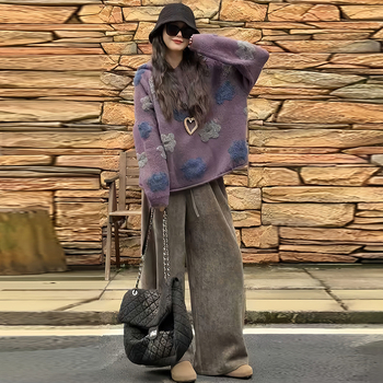 Kostim za trudnice: džemper s izvezenim cvjetnim motivom i podrškom za trbuh, široke hlače, dugi rukavi, pamuk-poliester s najlonom