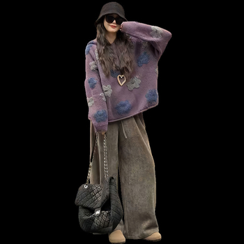 Kostim za trudnice: džemper s izvezenim cvjetnim motivom i podrškom za trbuh, široke hlače, dugi rukavi, pamuk-poliester s najlonom