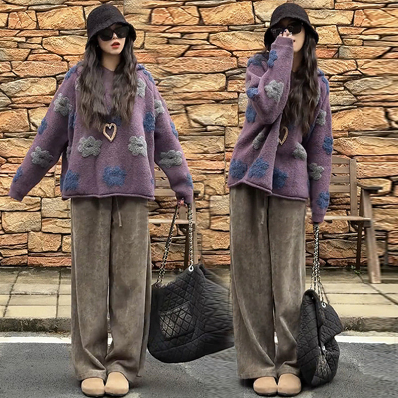 Kostim za trudnice: džemper s izvezenim cvjetnim motivom i podrškom za trbuh, široke hlače, dugi rukavi, pamuk-poliester s najlonom