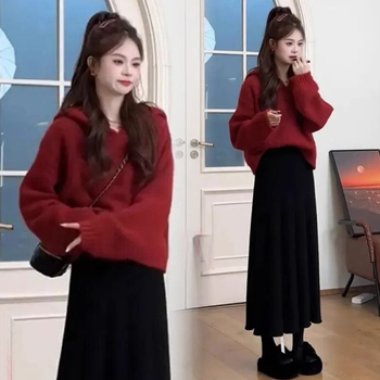 Trudnički dvodijelni set: kapuljačasti džemper i pletena suknja s naramenicama, jesen-zima, korejski stil, svježe i slatko; viskoza 30–50%, dugi rukavi, srednja duljina suknje, jesen 2025
