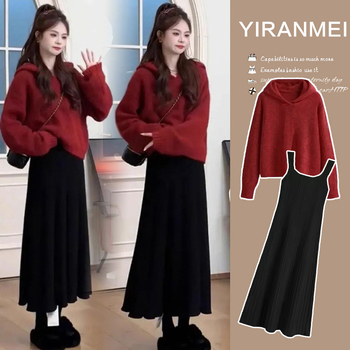 Trudnički dvodijelni set: kapuljačasti džemper i pletena suknja s naramenicama, jesen-zima, korejski stil, svježe i slatko; viskoza 30–50%, dugi rukavi, srednja duljina suknje, jesen 2025