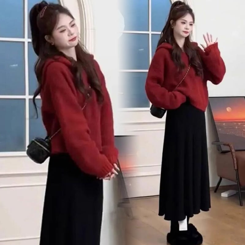 Trudnički dvodijelni set: kapuljačasti džemper i pletena suknja s naramenicama, jesen-zima, korejski stil, svježe i slatko; viskoza 30–50%, dugi rukavi, srednja duljina suknje, jesen 2025