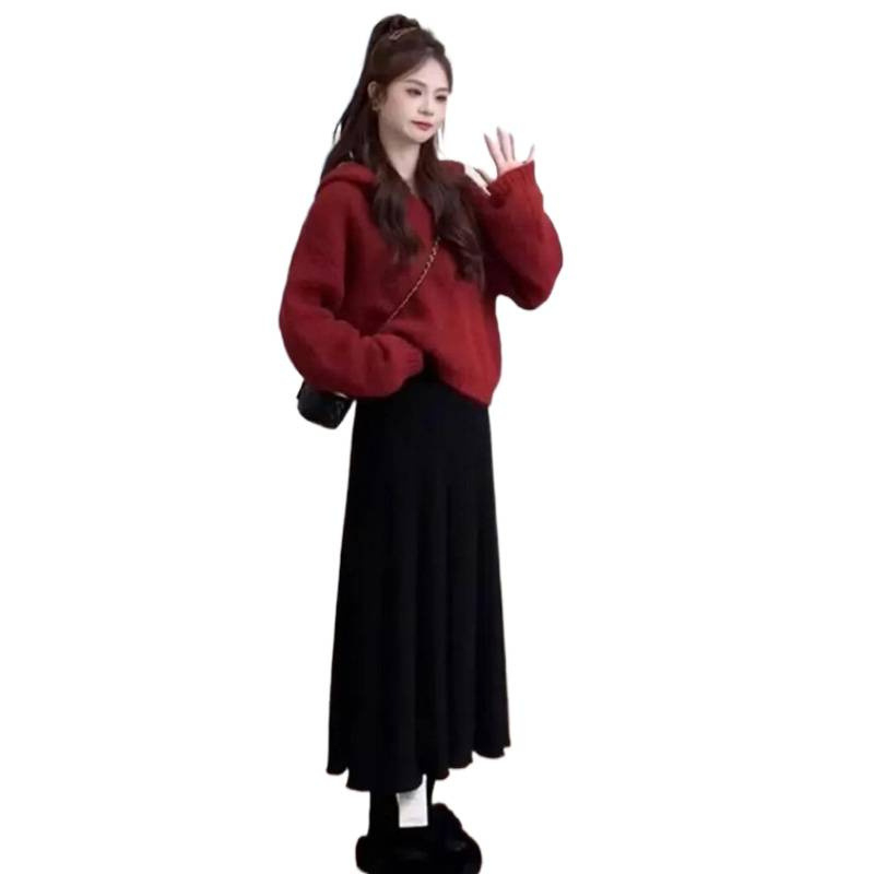 Trudnički dvodijelni set: kapuljačasti džemper i pletena suknja s naramenicama, jesen-zima, korejski stil, svježe i slatko; viskoza 30–50%, dugi rukavi, srednja duljina suknje, jesen 2025