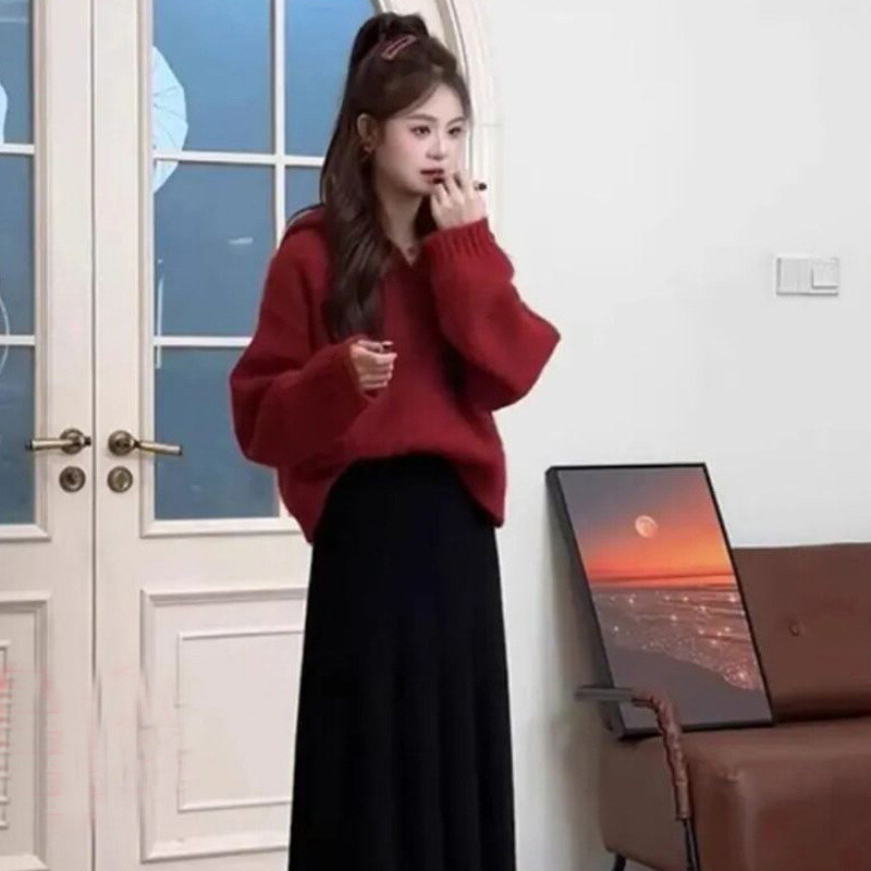 Trudnički dvodijelni set: kapuljačasti džemper i pletena suknja s naramenicama, jesen-zima, korejski stil, svježe i slatko; viskoza 30–50%, dugi rukavi, srednja duljina suknje, jesen 2025