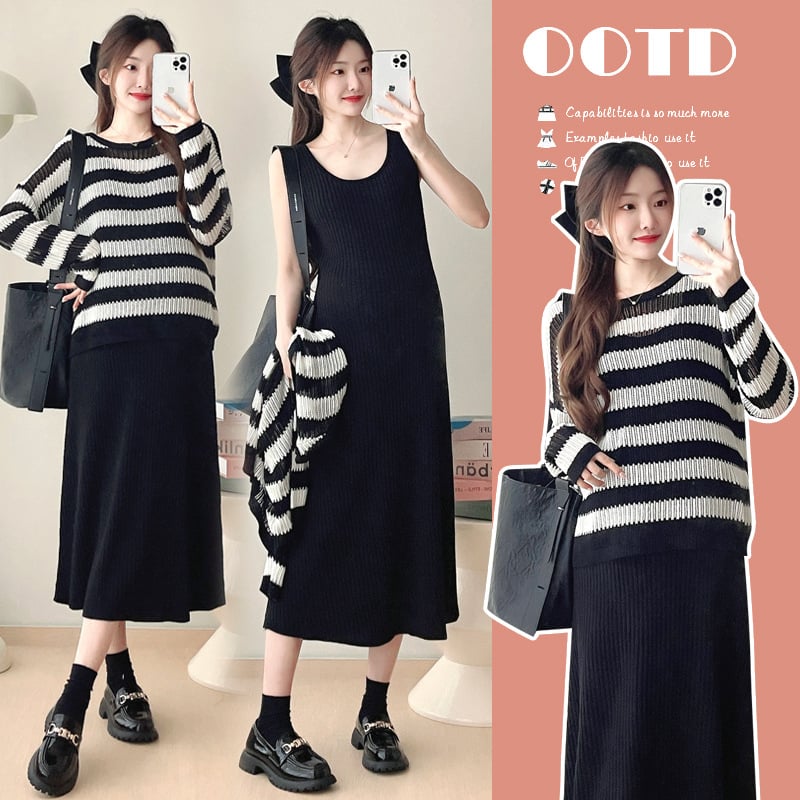 Σετ μητρότητας δύο τεμαχίων: πλεκτό τοπ ριγέ + φούστα με ιμάντες, θηλασμό-φιλικό, άνετος, στρογγυλό λαιμό, μακριά μανίκια, chenille ύφασμα με περιεκτικότητα σε βαμβάκι κάτω από 30%, στυλ Ιαπωνίας/Κορέας, άνοιξη/φθινόπωρο 2025