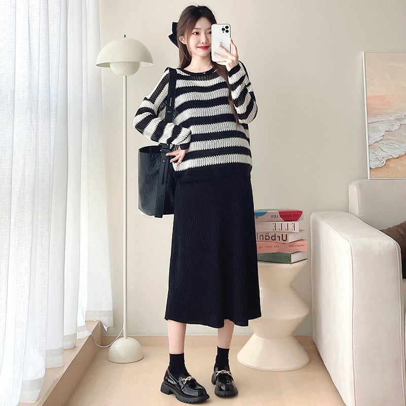 Σετ μητρότητας δύο τεμαχίων: πλεκτό τοπ ριγέ + φούστα με ιμάντες, θηλασμό-φιλικό, άνετος, στρογγυλό λαιμό, μακριά μανίκια, chenille ύφασμα με περιεκτικότητα σε βαμβάκι κάτω από 30%, στυλ Ιαπωνίας/Κορέας, άνοιξη/φθινόπωρο 2025
