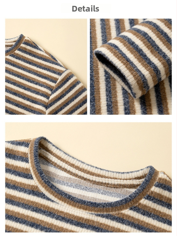 Dámsky pruhovaný hrubý pletený sveter, voľný strih, dlhé rukávy, výstrih do tvaru U, zmes polyester/spandex, 70–80% polyester, menej ako 30% spandex