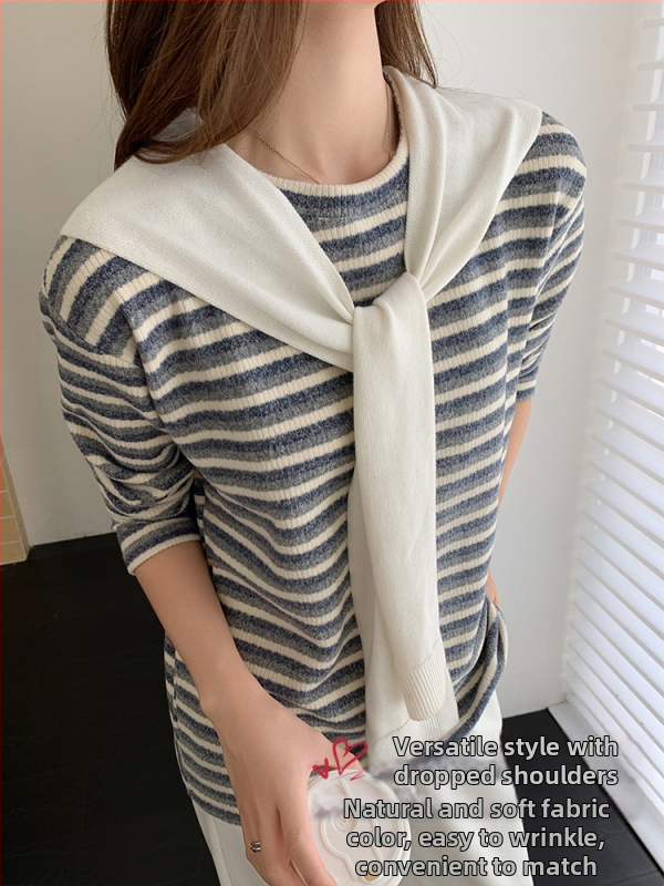 Dámsky pruhovaný hrubý pletený sveter, voľný strih, dlhé rukávy, výstrih do tvaru U, zmes polyester/spandex, 70–80% polyester, menej ako 30% spandex