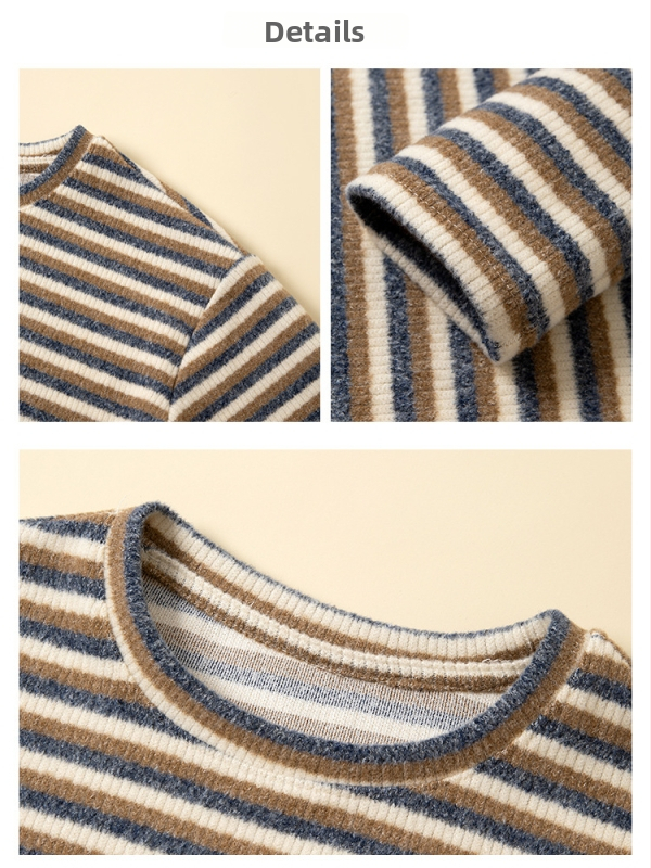 Dámsky pruhovaný hrubý pletený sveter, voľný strih, dlhé rukávy, výstrih do tvaru U, zmes polyester/spandex, 70–80% polyester, menej ako 30% spandex