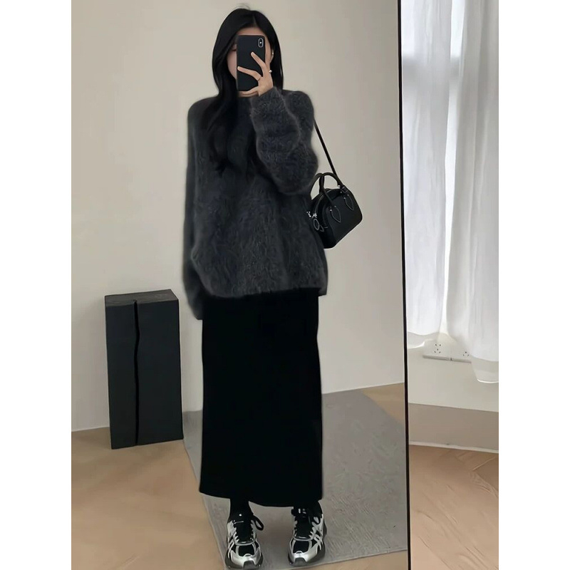 Trudnički komplet – zimski, korejski stil, pleteni top i midi suknja