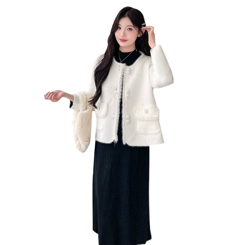 Trudnički jesensko-zimski dvodjelni set: kardigan jaknica i uska pletena haljina, dugi rukavi, midi duljina suknje, viskozna 30–50%