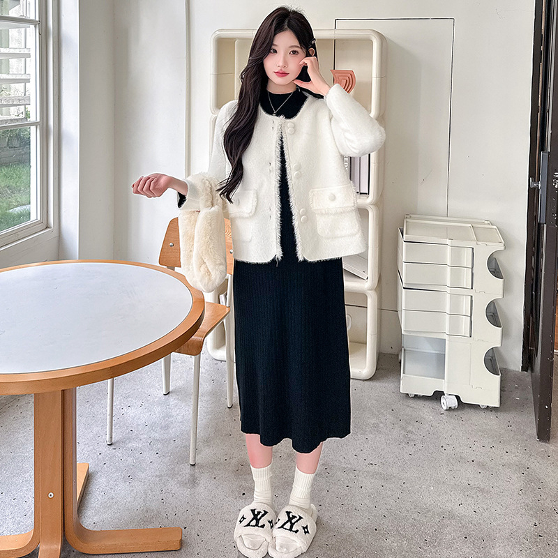 Trudnički jesensko-zimski dvodjelni set: kardigan jaknica i uska pletena haljina, dugi rukavi, midi duljina suknje, viskozna 30–50%