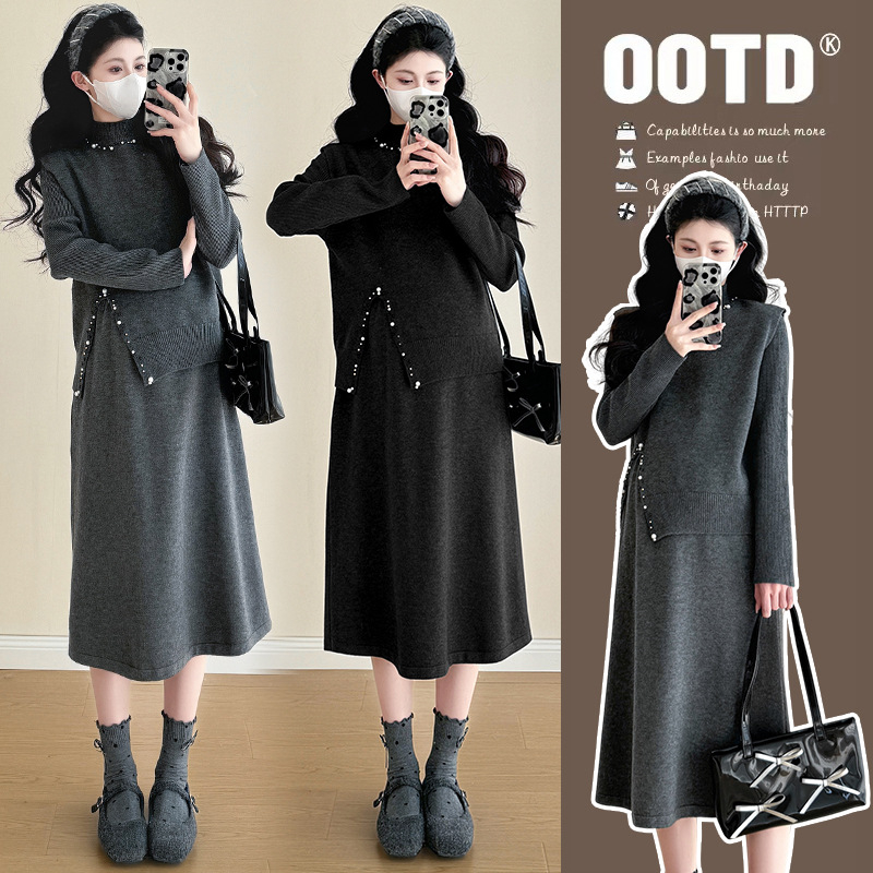 Trudnički zimski pleteni set s perlicama, dvodijelni kostim s suknjom, dugi rukavi, midi duljina