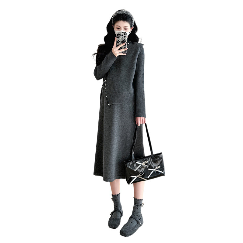 Trudnički zimski pleteni set s perlicama, dvodijelni kostim s suknjom, dugi rukavi, midi duljina