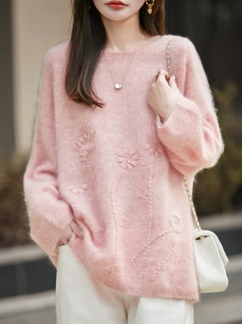 Γυναικείος πλεκτός πουλόβερ μαλλιού, 95% μαλλί, παχύς, χαλαρή γραμμή, στρογγυλός γιακάς, κομψό αστικό στυλ