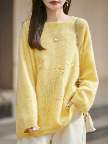 Γυναικείος πλεκτός πουλόβερ μαλλιού, 95% μαλλί, παχύς, χαλαρή γραμμή, στρογγυλός γιακάς, κομψό αστικό στυλ