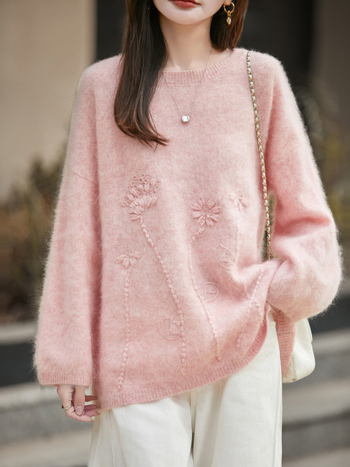 Γυναικείος πλεκτός πουλόβερ μαλλιού, 95% μαλλί, παχύς, χαλαρή γραμμή, στρογγυλός γιακάς, κομψό αστικό στυλ