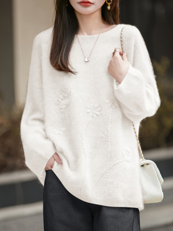 Γυναικείος πλεκτός πουλόβερ μαλλιού, 95% μαλλί, παχύς, χαλαρή γραμμή, στρογγυλός γιακάς, κομψό αστικό στυλ