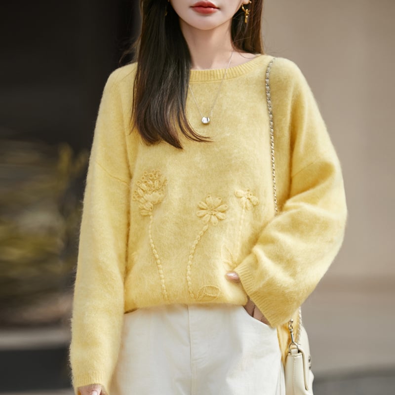 Γυναικείος πλεκτός πουλόβερ μαλλιού, 95% μαλλί, παχύς, χαλαρή γραμμή, στρογγυλός γιακάς, κομψό αστικό στυλ