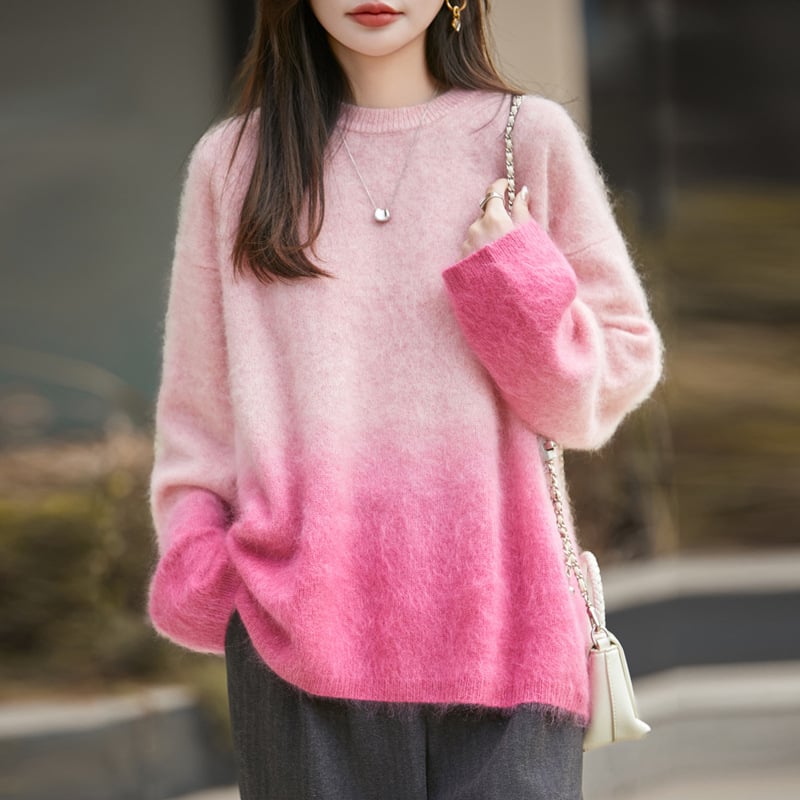 Γυναικείος πλεκτός πουλόβερ από μαλλί-κασμίρ με gradient πλέξη, στρογγυλός λαιμός, μακριά μανίκια, άνετη γραμμή