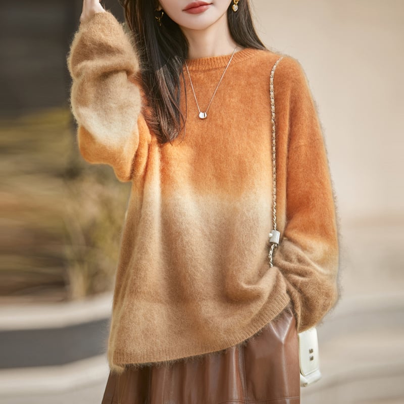 Γυναικείος πλεκτός πουλόβερ από μαλλί-κασμίρ με gradient πλέξη, στρογγυλός λαιμός, μακριά μανίκια, άνετη γραμμή