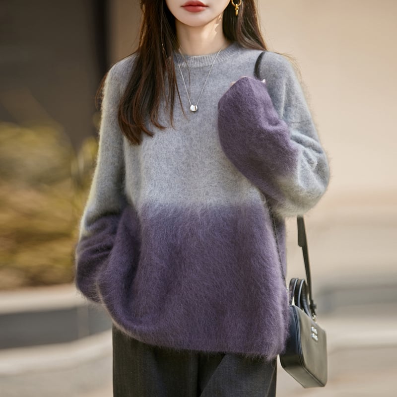 Γυναικείος πλεκτός πουλόβερ από μαλλί-κασμίρ με gradient πλέξη, στρογγυλός λαιμός, μακριά μανίκια, άνετη γραμμή