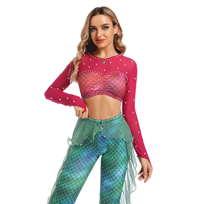 Kostim za moderni ples s cvjetnim uzorkom, inspiriran belly danceom i morskom vilom, za odrasle žene, 90% poliester u smjesi vlakana