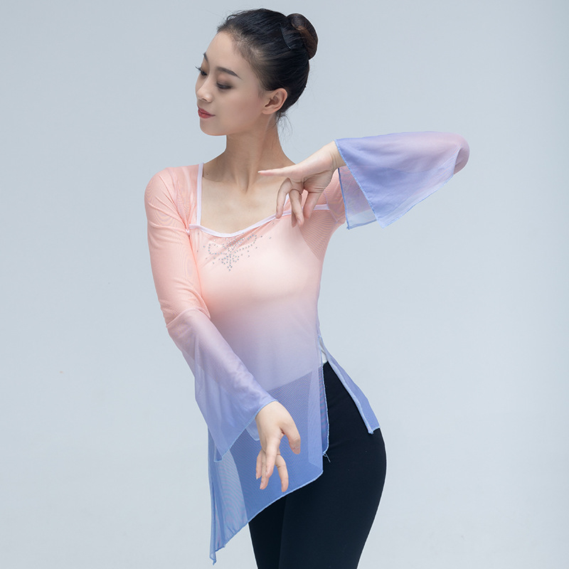 Top de dans pentru femei: material plasă elastic, 95% spandex, îmbrăcăminte de dans pentru balet și dans chinezesc