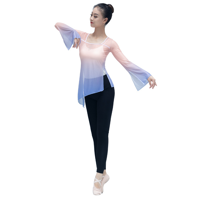 Top de dans pentru femei: material plasă elastic, 95% spandex, îmbrăcăminte de dans pentru balet și dans chinezesc