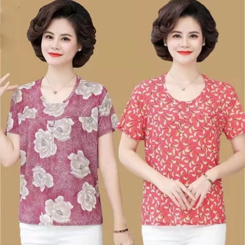 Plus veličine kratki top za zrelije žene, smjesa poliestera i elastana (poliestera 30–50%, elastana ≤30%), geometrijski uzorak, okrugli izrez, regular kratki rukavi, standardna duljina 50–65 cm