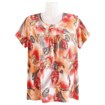 Plus veličine kratki top za zrelije žene, smjesa poliestera i elastana (poliestera 30–50%, elastana ≤30%), geometrijski uzorak, okrugli izrez, regular kratki rukavi, standardna duljina 50–65 cm