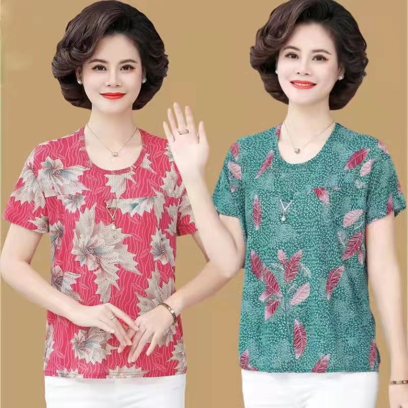 Plus veličine kratki top za zrelije žene, smjesa poliestera i elastana (poliestera 30–50%, elastana ≤30%), geometrijski uzorak, okrugli izrez, regular kratki rukavi, standardna duljina 50–65 cm