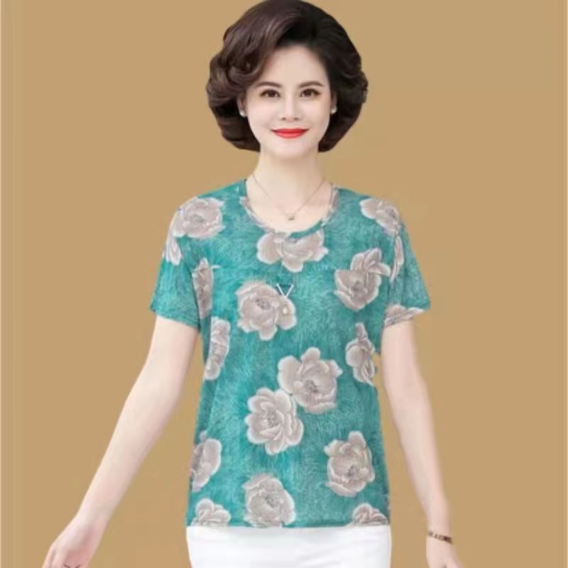 Plus veličine kratki top za zrelije žene, smjesa poliestera i elastana (poliestera 30–50%, elastana ≤30%), geometrijski uzorak, okrugli izrez, regular kratki rukavi, standardna duljina 50–65 cm