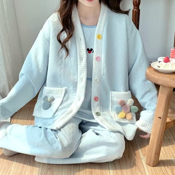 Maternitetski noćni pidžama set za dojenje od prozračnog pamuka (s kapuljačom, korejskog stila, dugi rukavi, tri dijela, proljeće i jesen)