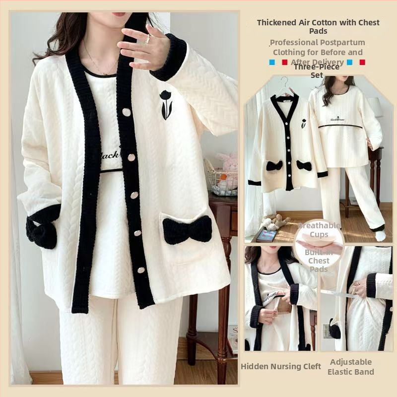 Tehotenský nočný pyžamový set na dojčenie z vzdušnej bavlny (s kapucňou, kórejským štýlom, dlhé rukávy, tri kusy, jar a jeseň)