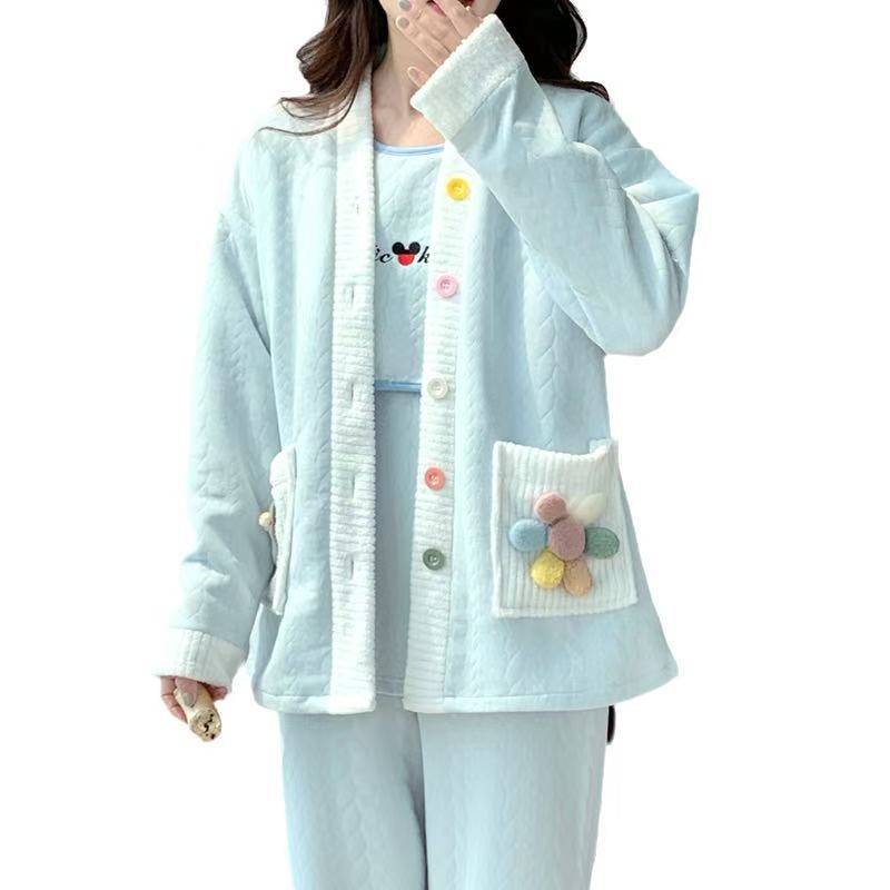 Maternitetski noćni pidžama set za dojenje od prozračnog pamuka (s kapuljačom, korejskog stila, dugi rukavi, tri dijela, proljeće i jesen)