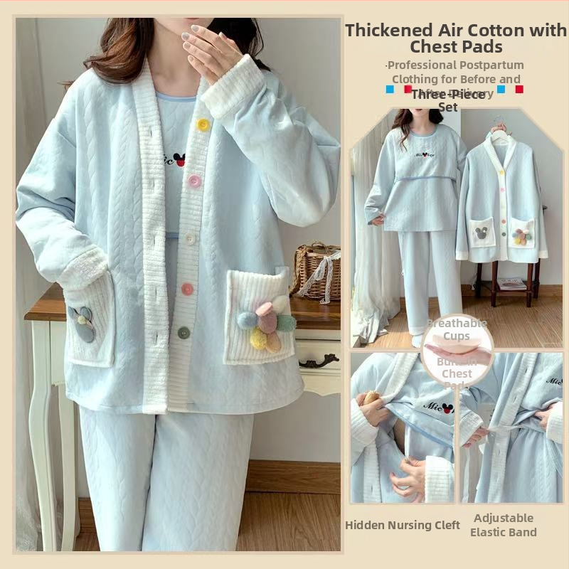 Tehotenský nočný pyžamový set na dojčenie z vzdušnej bavlny (s kapucňou, kórejským štýlom, dlhé rukávy, tri kusy, jar a jeseň)