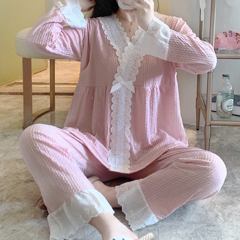 Porođajne noćne pidžame za dojenje od pletenog pamuka s džakardom, 65.35% pamuka, V-izrez, dugi rukavi, čipkasti kardigan