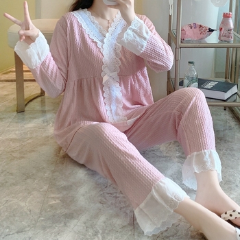 Porođajne noćne pidžame za dojenje od pletenog pamuka s džakardom, 65.35% pamuka, V-izrez, dugi rukavi, čipkasti kardigan