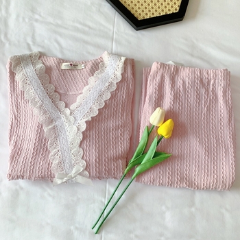 Porođajne noćne pidžame za dojenje od pletenog pamuka s džakardom, 65.35% pamuka, V-izrez, dugi rukavi, čipkasti kardigan