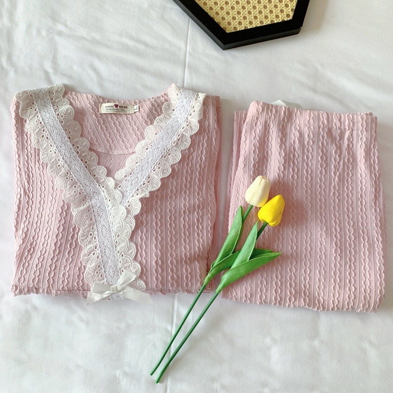 Porođajne noćne pidžame za dojenje od pletenog pamuka s džakardom, 65.35% pamuka, V-izrez, dugi rukavi, čipkasti kardigan