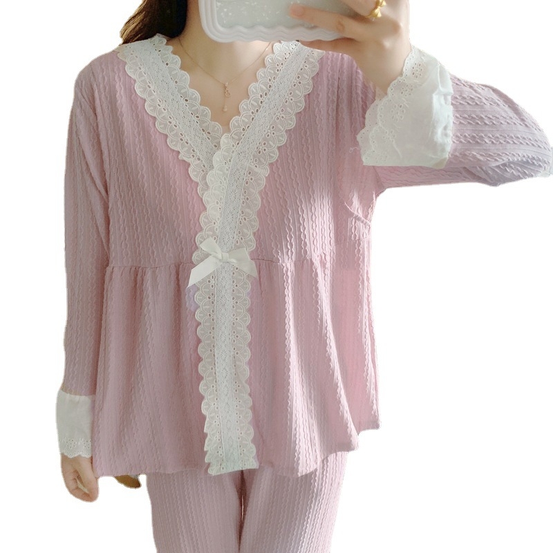 Porođajne noćne pidžame za dojenje od pletenog pamuka s džakardom, 65.35% pamuka, V-izrez, dugi rukavi, čipkasti kardigan