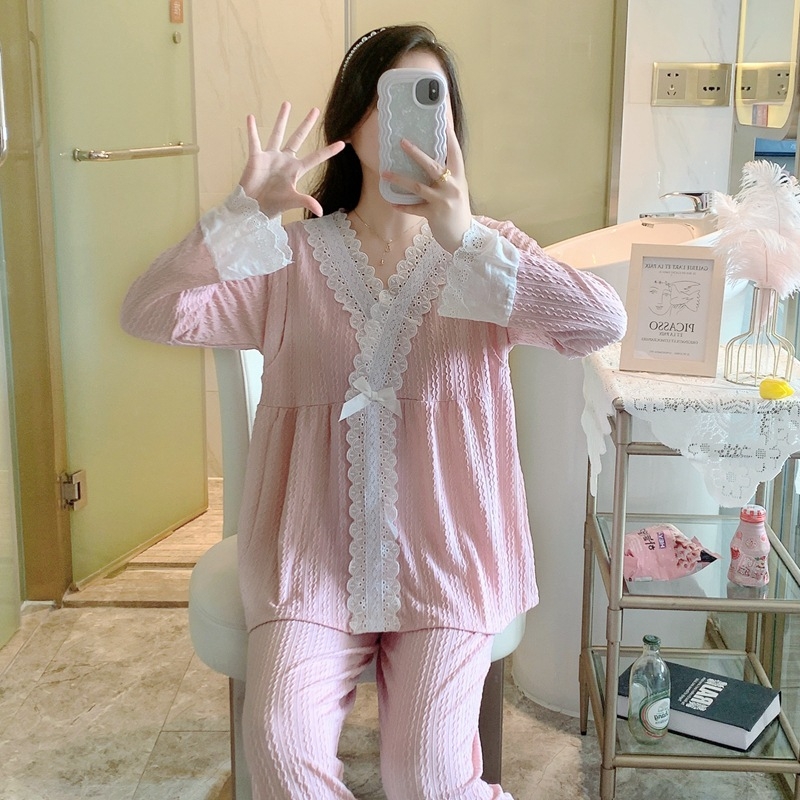 Porođajne noćne pidžame za dojenje od pletenog pamuka s džakardom, 65.35% pamuka, V-izrez, dugi rukavi, čipkasti kardigan